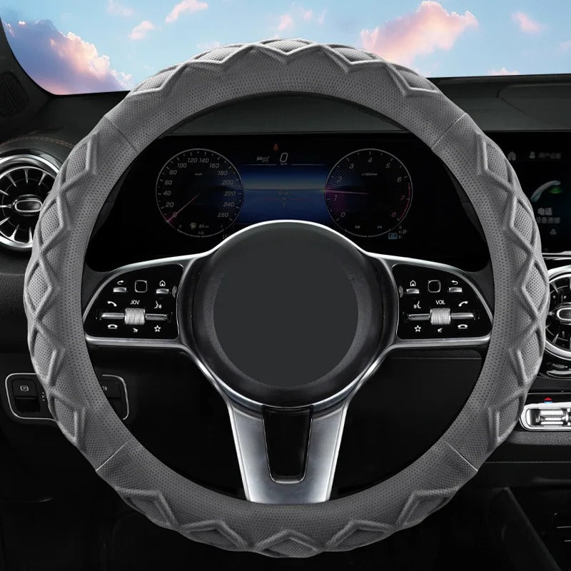 Rhombus Pattern PU Leather Steering Wheel Cover – O-Type Minimalist Non-Slip Grip - Delicate Leather