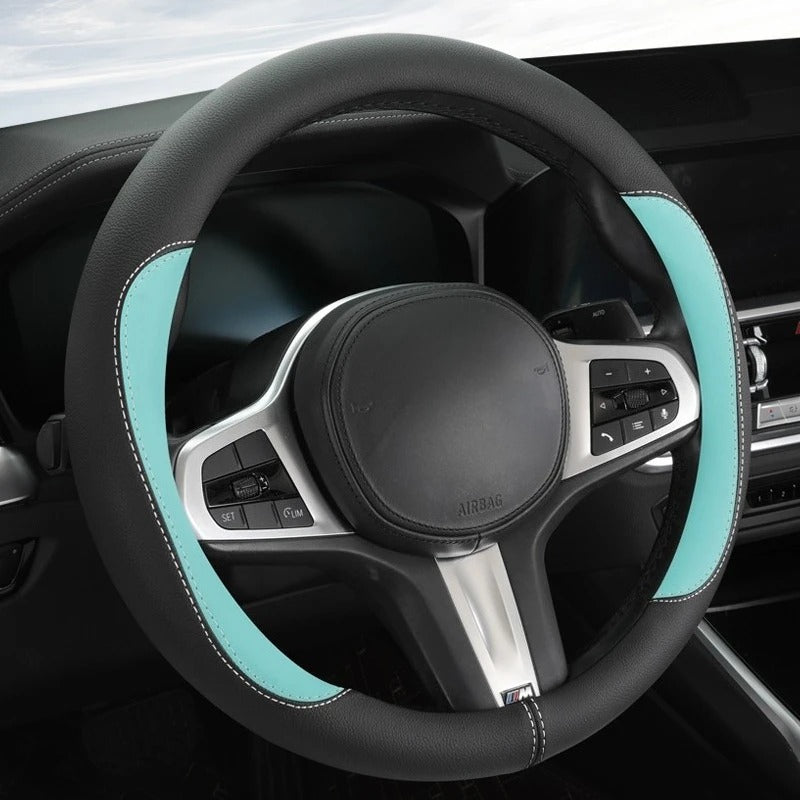 Color-Blocked PU Leather Steering Wheel Cover – Universal 14.5–15 Inch Breathable Non-Slip Grip - Delicate Leather