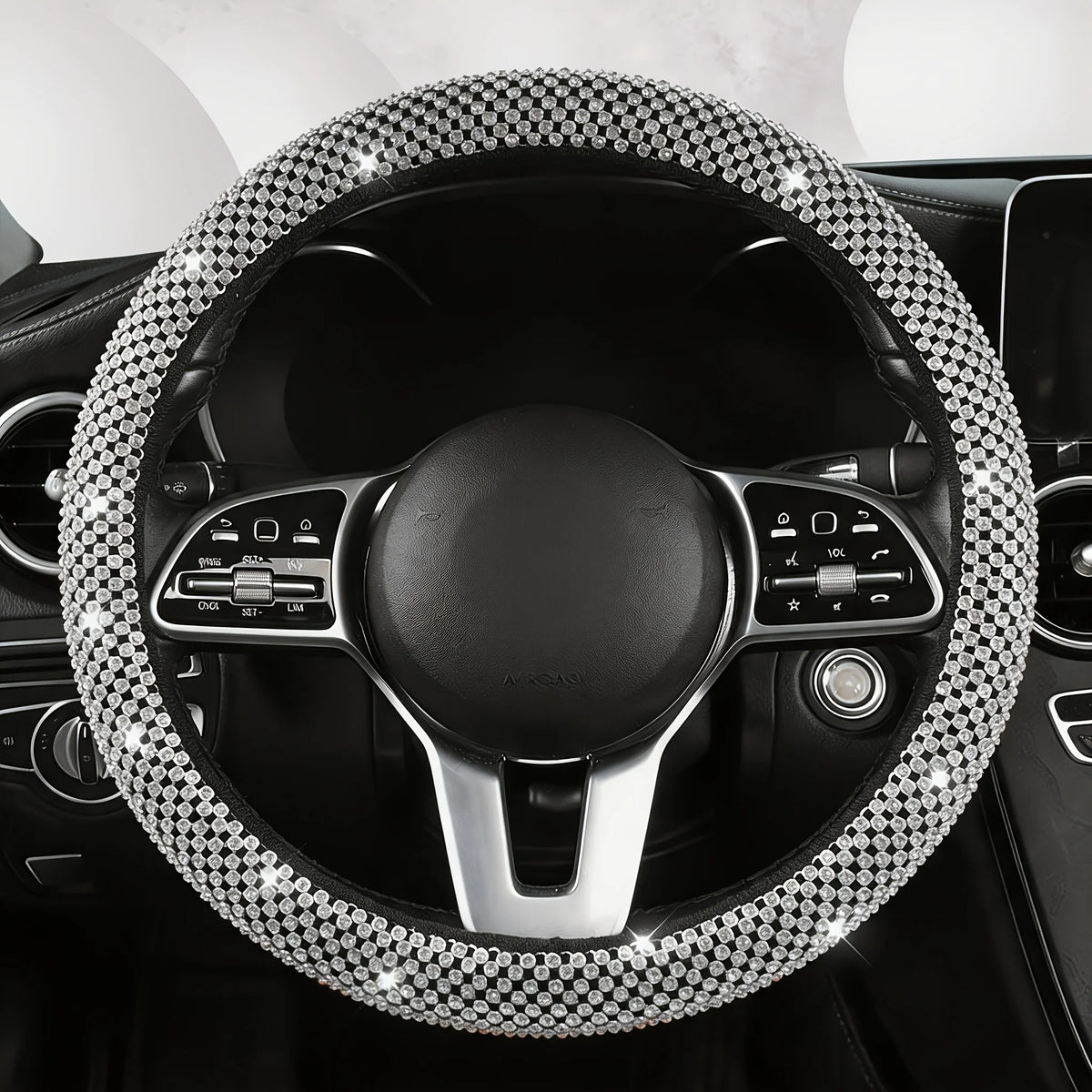 Rhinestone Car Steering Wheel Cover – O-Type Sparkly Diamond Non-Slip Grip - Delicate Leather