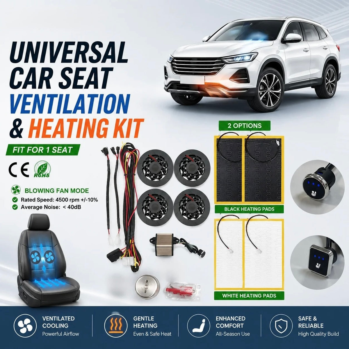 DC 12V Universal Car Seat Heating & Ventilation Kit for 1 Seat – Built-In Heater Pad with Fans & 3-Level Switch - Delicate Leather