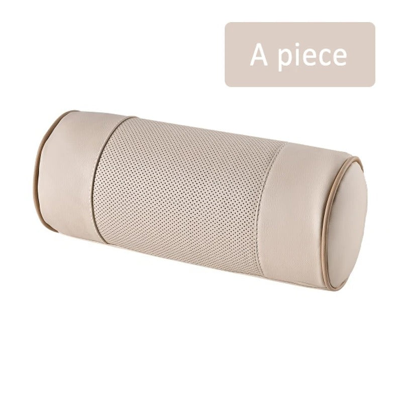 Genuine Cowhide Leather Car Neck Pillow – Cylindrical Memory Foam Cushion for Car & Office - Delicate Leather