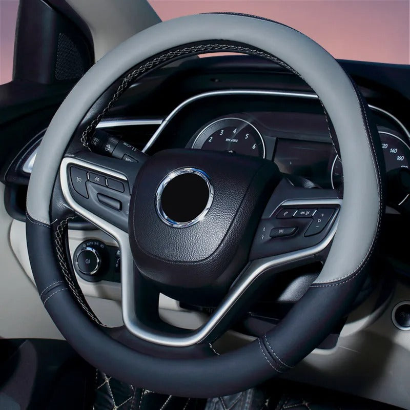 Color Splicing Leather Steering Wheel Cover – Universal 38CM Non-Slip All-Season Grip - Delicate Leather