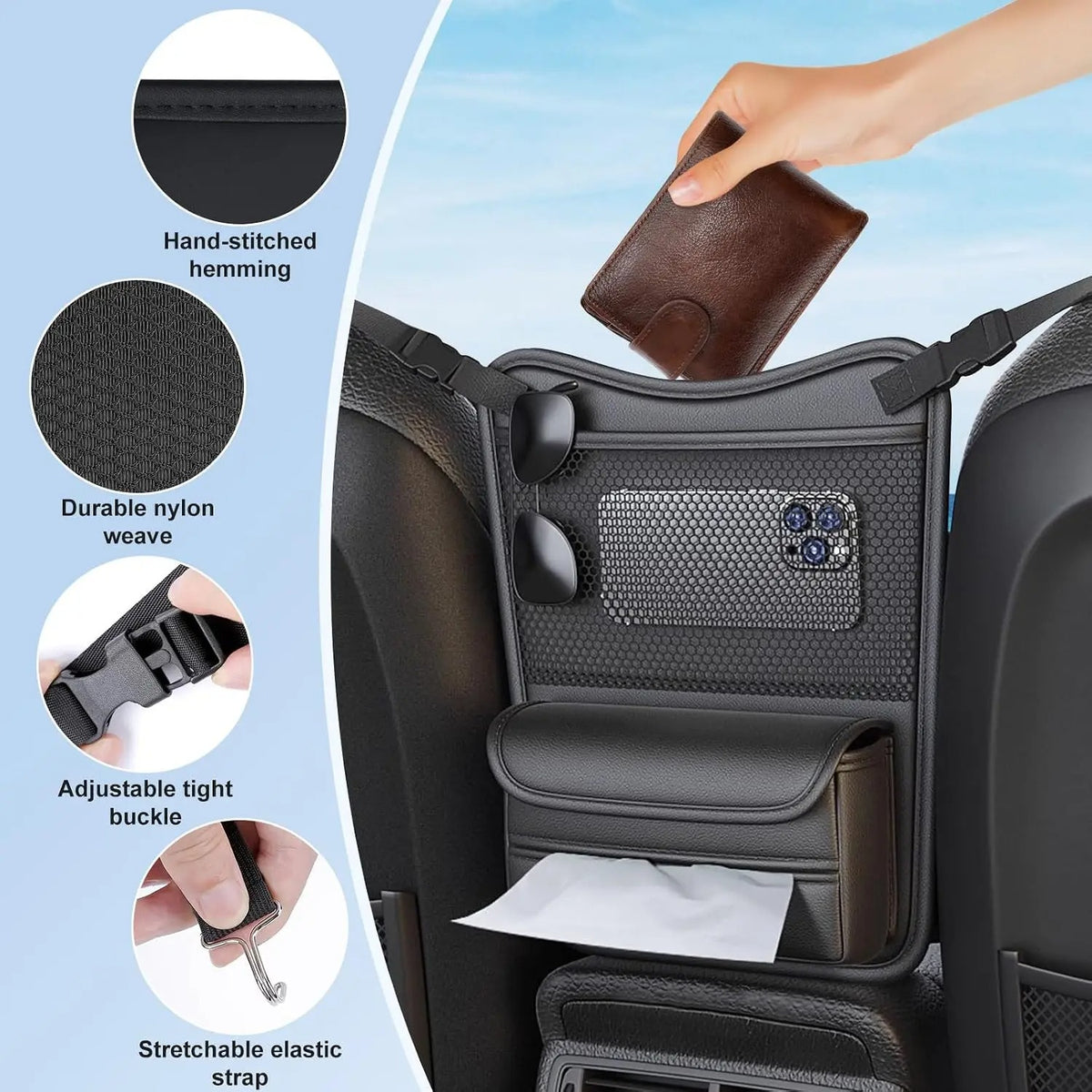 Car Net Pocket Organizer – Handbag & Purse Holder Between Seats - Delicate Leather