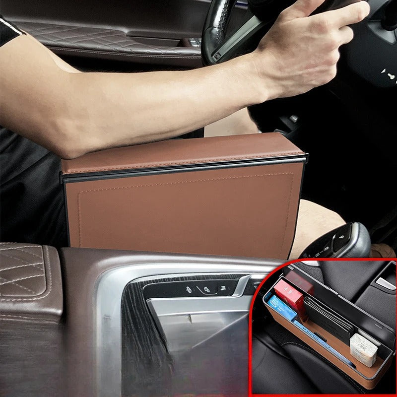 Car Seat Gap Filler Organizer, Custom For All Cars, PU Leather Storage Box - Car Side Gap Seat Organizer and Front Slot Gap Filler with USB Charging Port - Delicate Leather  