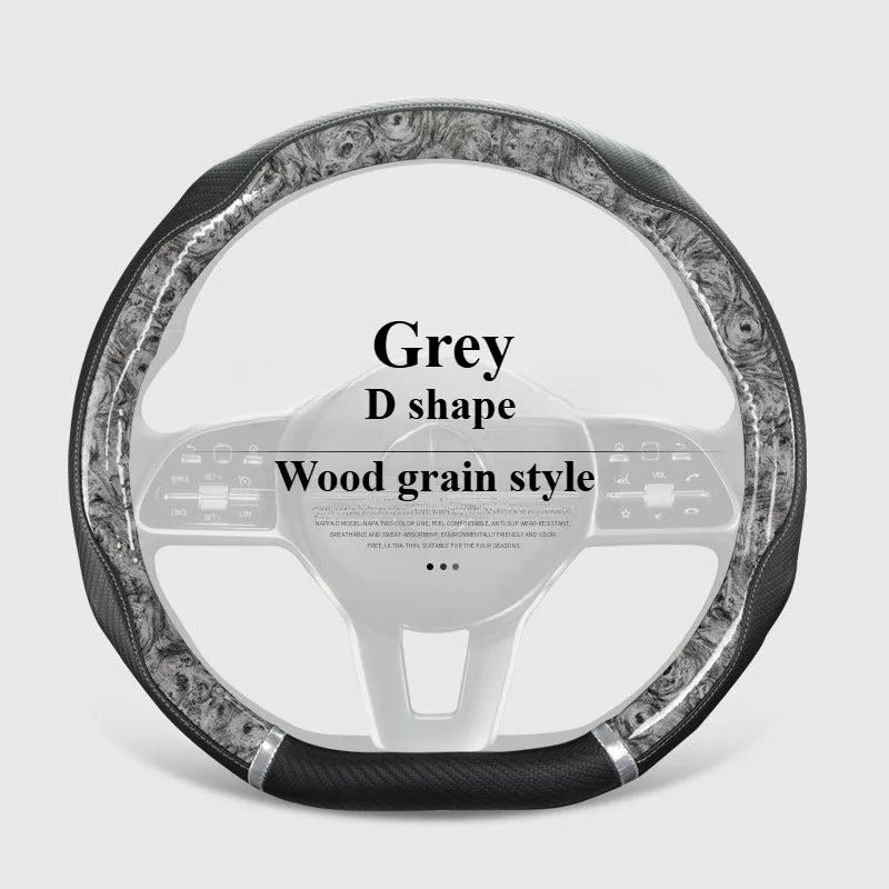 Wood Grain Leather Steering Wheel Cover – Universal 38CM Anti-Slip O/D Shape Grip - Delicate Leather