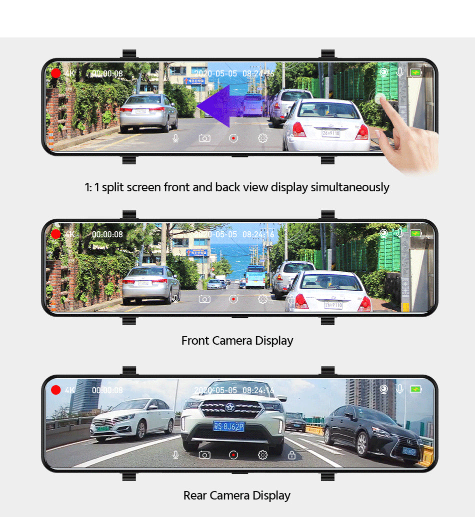 4K Car DVR Dashcam – 12 Inch Touch Screen with IPS Sony 415 Sensor, Rear View Mirror, Parking Support, and Rear View Camera 25