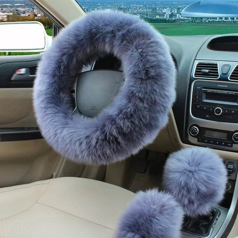Winter Plush Steering Wheel Cover Set – Fluffy Fleece Warm Non-Slip Handle Cover, Universal Fit - Delicate Leather  