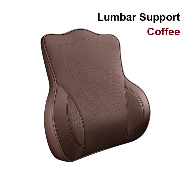 Memory Foam Car Neck Pillow & Lumbar Support Set – Breathable Seat Comfort Cushion - Delicate Leather  