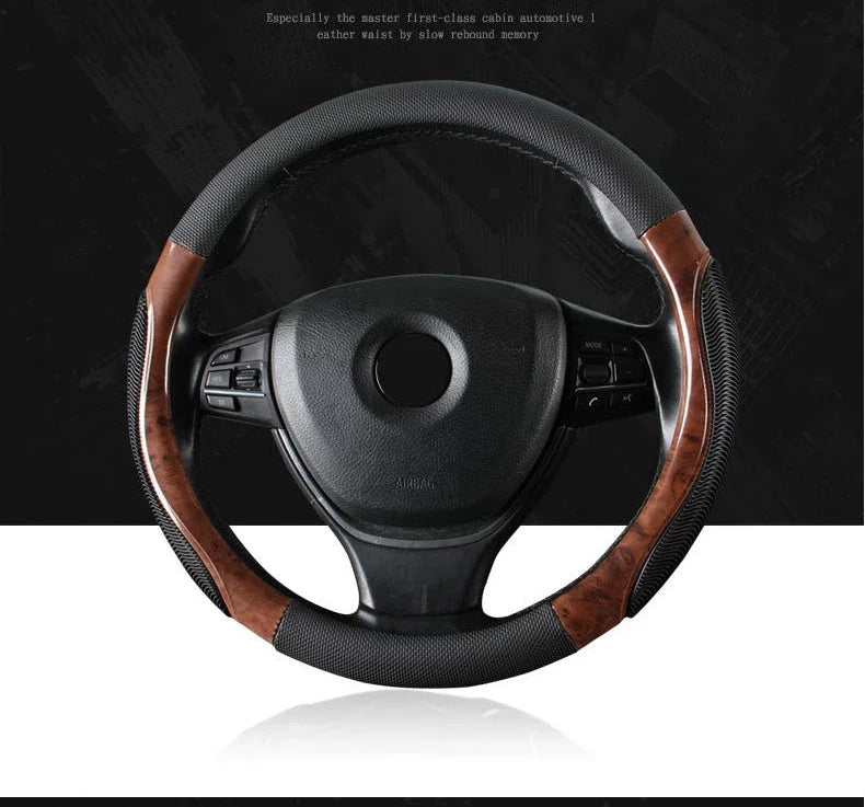 Wood Grain Steering Wheel Cover – PU Leather Anti-Slip Breathable 38cm Universal Fit - Delicate Leather  