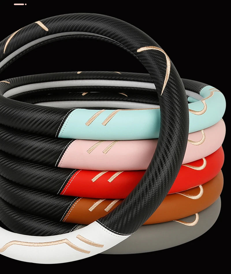 Carbon Fiber Style Leather Steering Wheel Cover – 38cm Anti-Slip Universal Fit - Delicate Leather  
