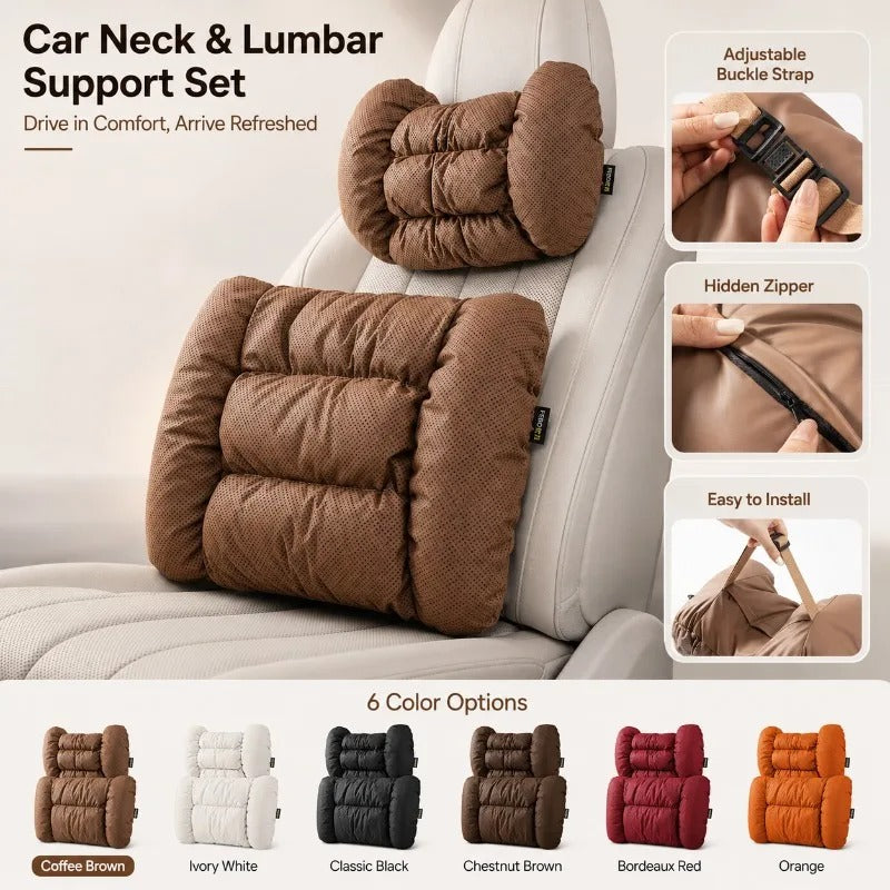 Universal Car Neck Pillow & Seat Cushion Set – Breathable Faux Leather Headrest and Backrest Cushions - Delicate Leather