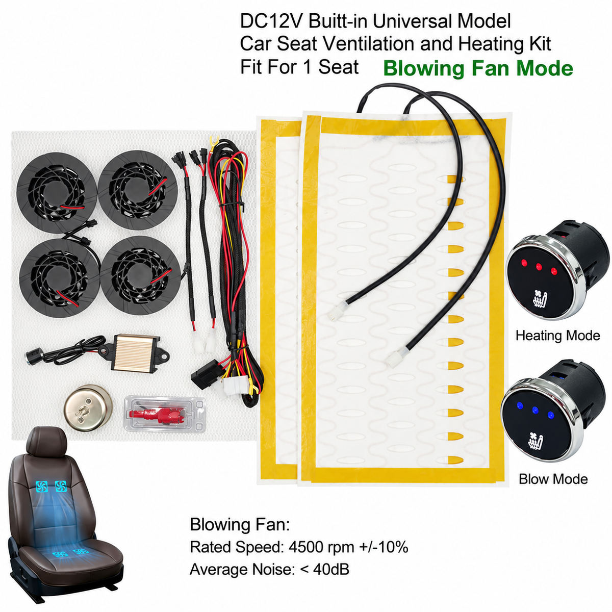 DC 12V Universal Car Seat Heating & Ventilation Kit for 1 Seat – Built-In Heater Pad with Fans & 3-Level Switch - Delicate Leather