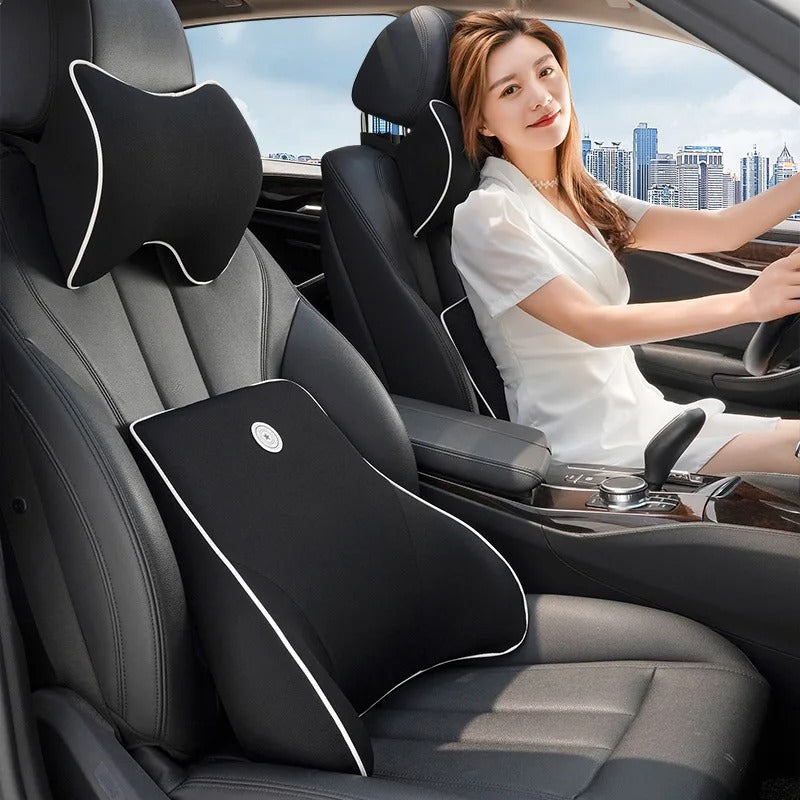 Memory Foam Car Neck & Lumbar Support Cushion – Soft Washable Seat Pillow Set - Delicate Leather