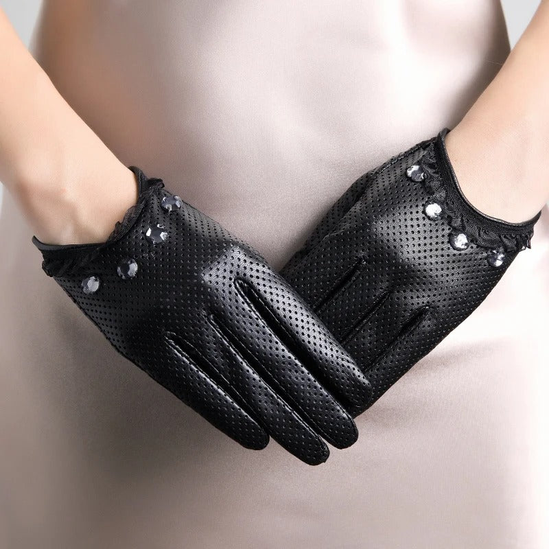 Thin Women's Sheepskin Gloves with Touch Screen and Mesh Design