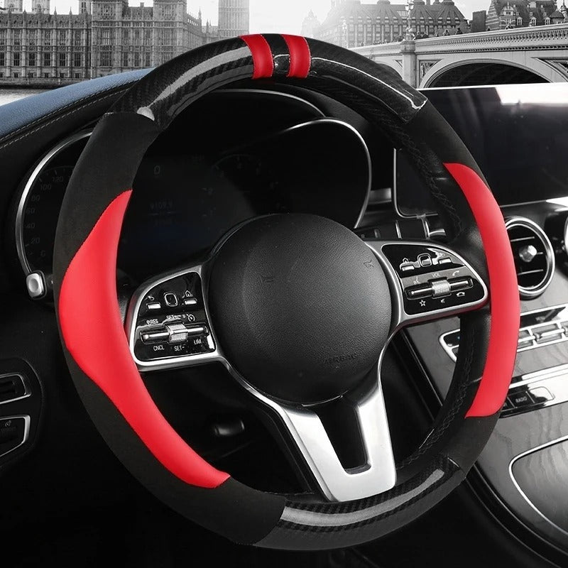 Color-Block Steering Wheel Cover – PU Leather & Suede with Carbon Fiber Style, Universal 14.5–15 Inch Fit