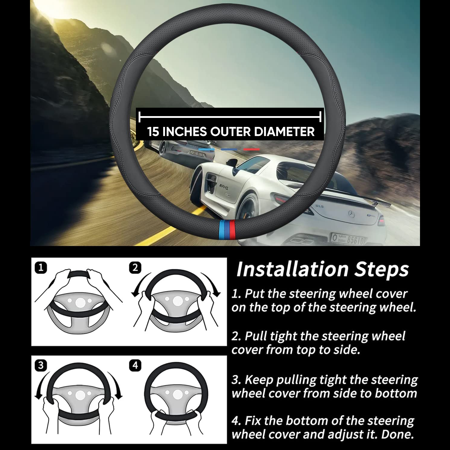 Car Steering Wheel Cover 2024 Update Version, Custom-Fit for Car, Premium Leather Car Steering Wheel Cover with Logo, Car Accessories DLAC222