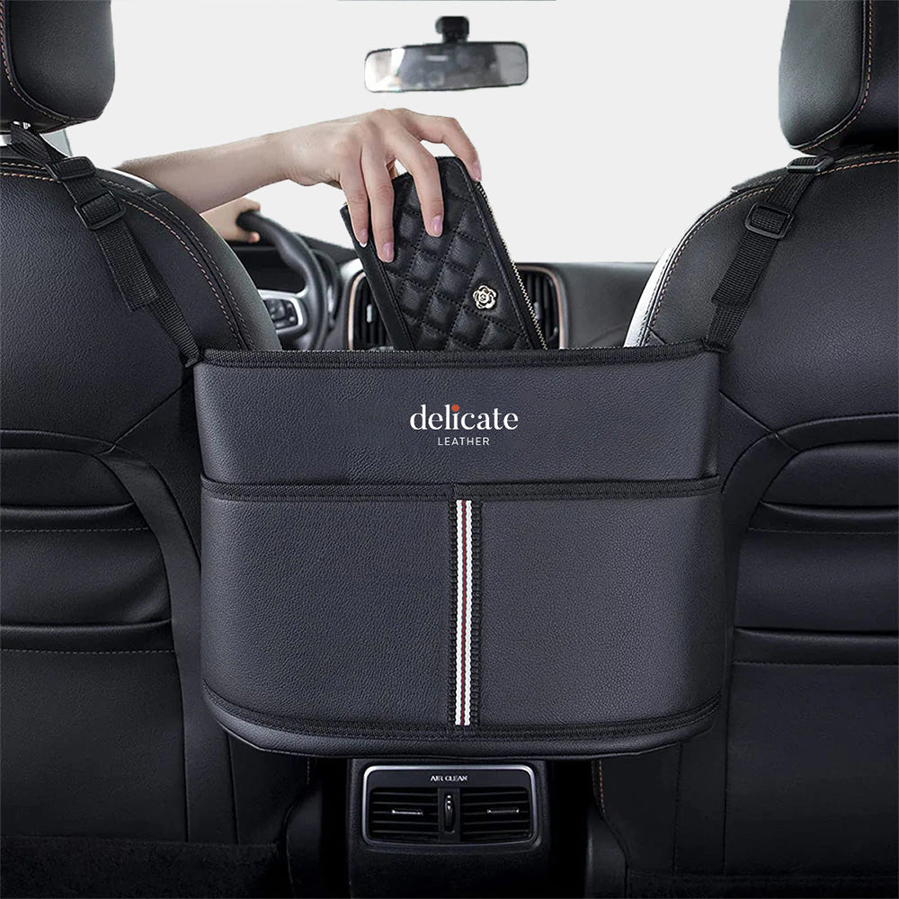 Delicate Leather Car Purse Holder for Car Handbag Holder Between Seats Premium PU Leather, Custom For Your Cars, Auto Driver Or Passenger Accessories Organizer, Hanging Car Purse Storage Pocket Back Seat Pet Barrier