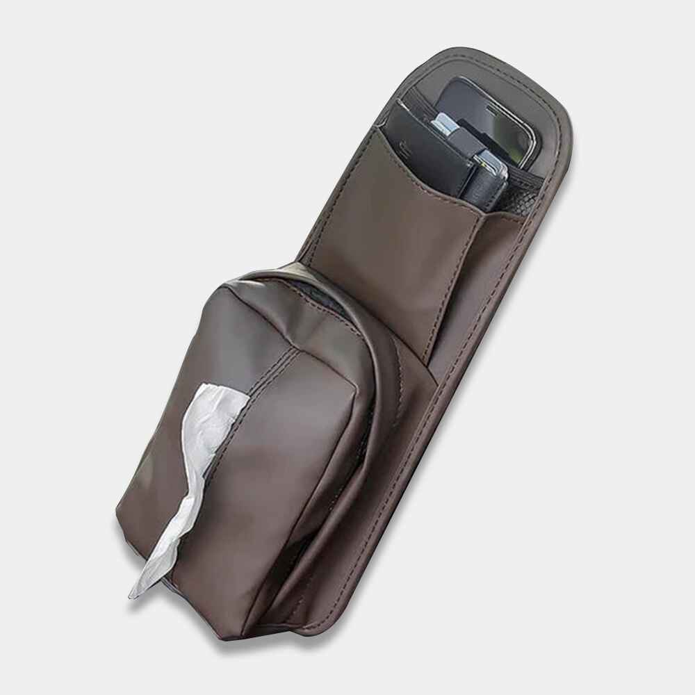 Leather Car Seat Side Storage Bag - Universal Hanging Auto Seat Organizer with Tissue Box Holder and Mesh Pocket