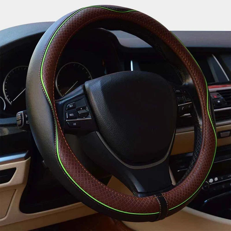 PU Leather Steering Wheel Cover – Embossed Non-Slip Design, Universal 15 Inch (38 cm) - Delicate Leather
