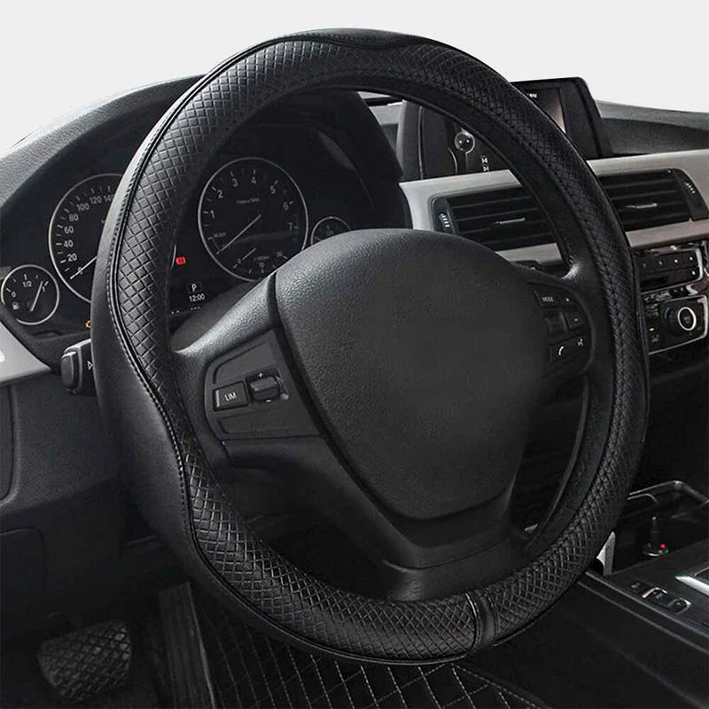 PU Leather Steering Wheel Cover – Embossed Non-Slip Design, Universal 15 Inch (38 cm) - Delicate Leather