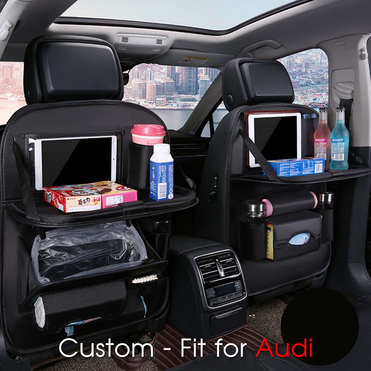 Backseat Organizer With Tablet Holder PU Leather, Custom-Fit For Car, Car Seat Back Protectors Kick With Foldable Table Tray Car Seat Organizer DLRA240