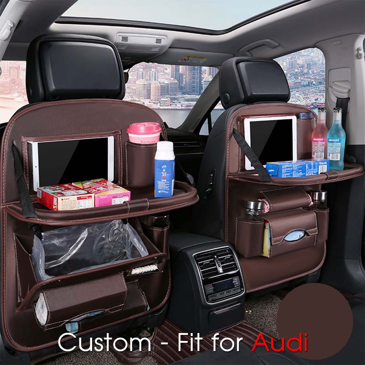 Backseat Organizer With Tablet Holder PU Leather, Custom-Fit For Car, Car Seat Back Protectors Kick With Foldable Table Tray Car Seat Organizer DLRA240