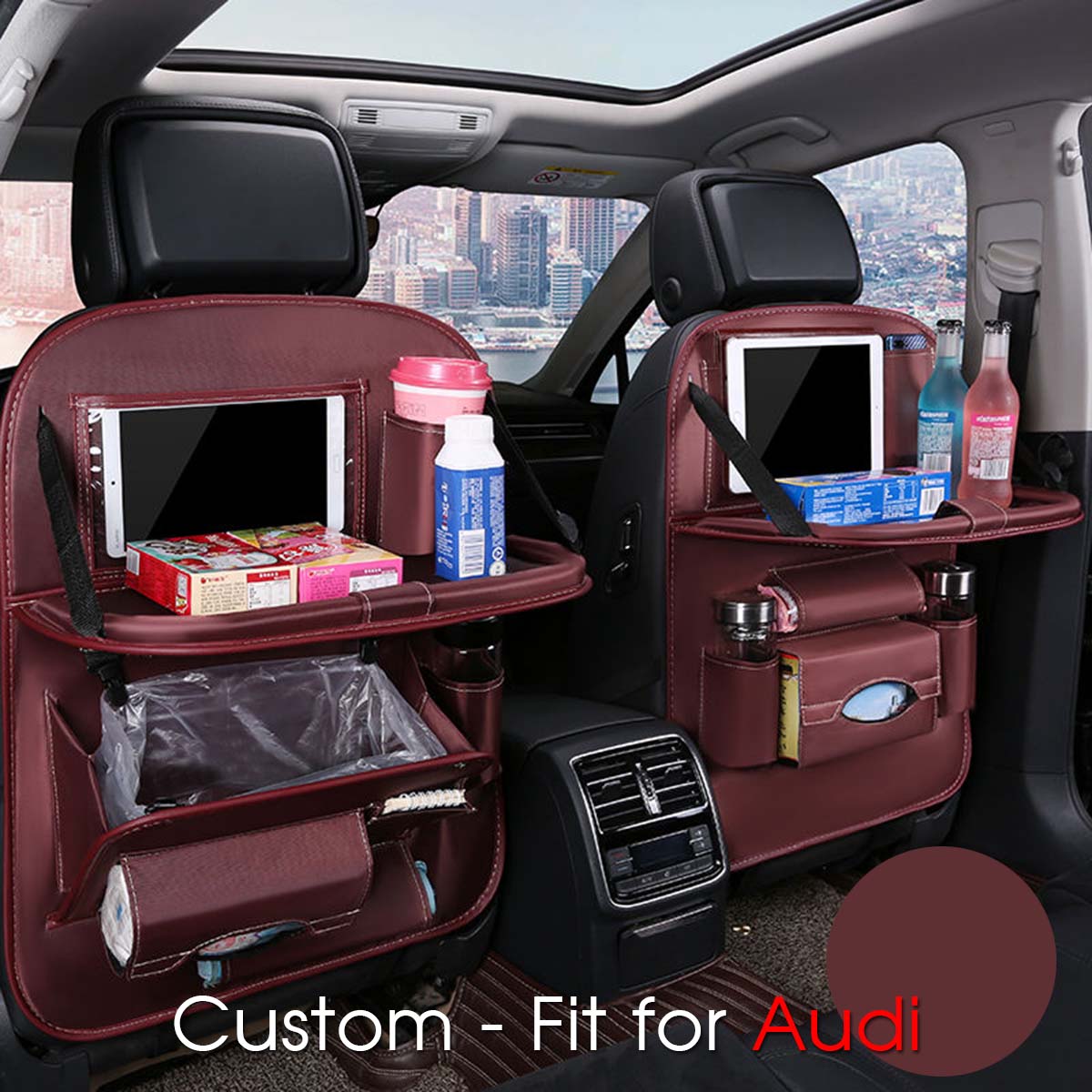 Backseat Organizer With Tablet Holder PU Leather, Custom-Fit For Car, Car Seat Back Protectors Kick With Foldable Table Tray Car Seat Organizer DLRA240