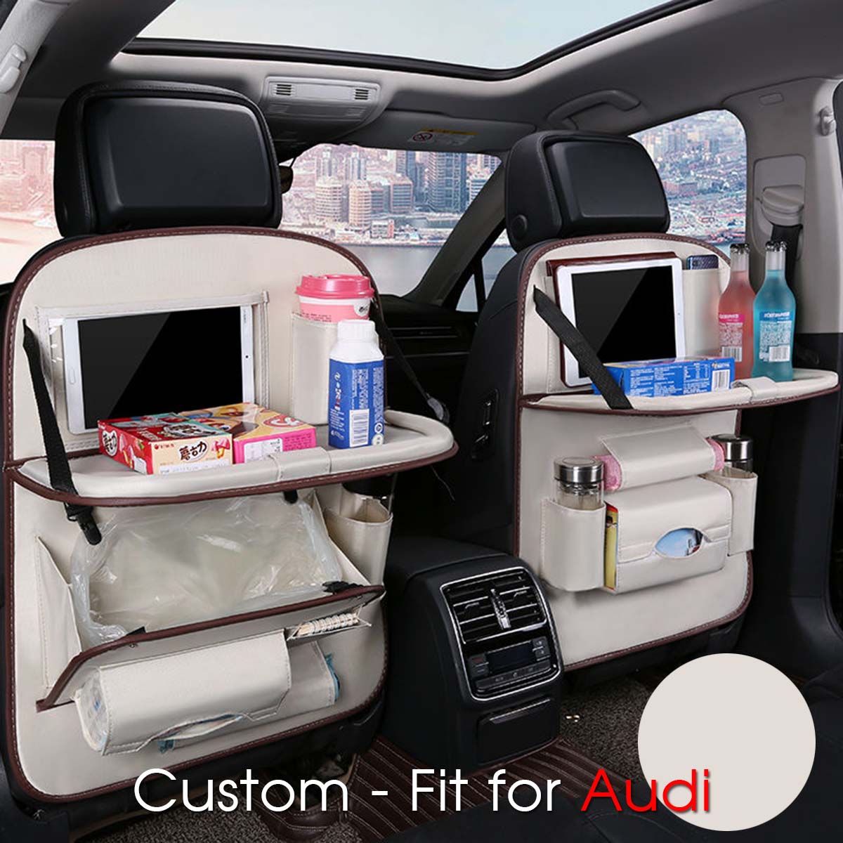 Backseat Organizer With Tablet Holder PU Leather, Custom-Fit For Car, Car Seat Back Protectors Kick With Foldable Table Tray Car Seat Organizer DLRA240