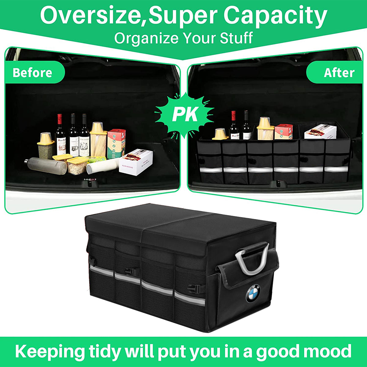 Big Trunk Organizer, Cargo Organizer SUV Trunk Storage Waterproof Collapsible Durable Multi Compartments KX12994