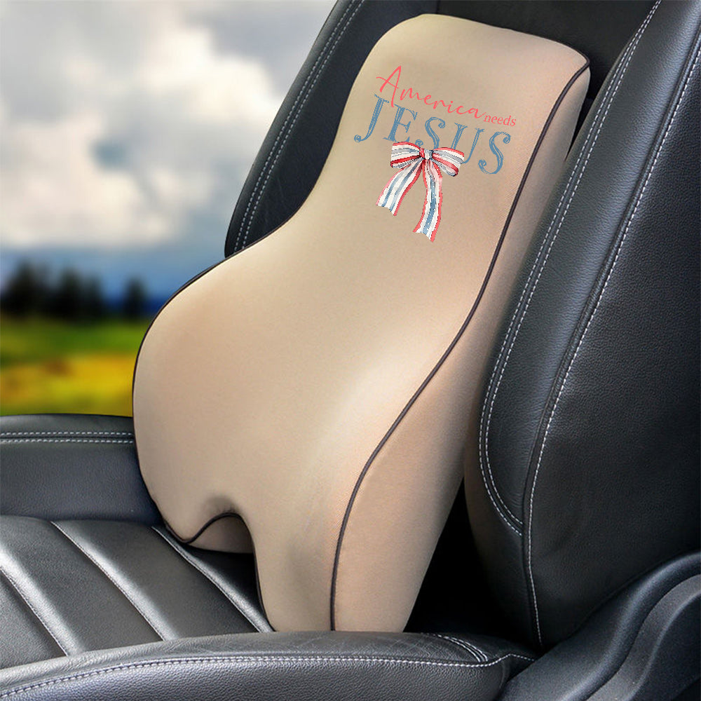 America Needs Jesus Lumbar Support Cushion for Car and Headrest Neck Pillow Kit, Custom For Cars, Ergonomically Design for Car Seat, Car Accessories, 4th of July 04