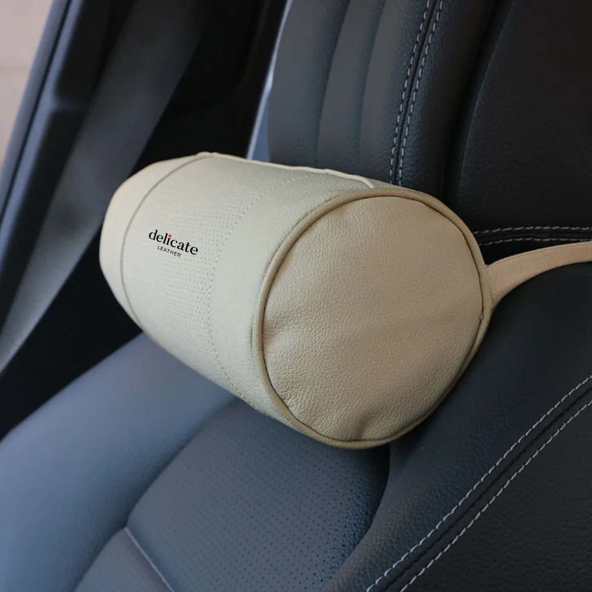 Premium Memory Foam Car Neck Pillow in Genuine Leather: Auto Cervical Round Roll Headrest Support Cushion Pad for Office Chairs and Cars in Elegant Black - Delicate Leather