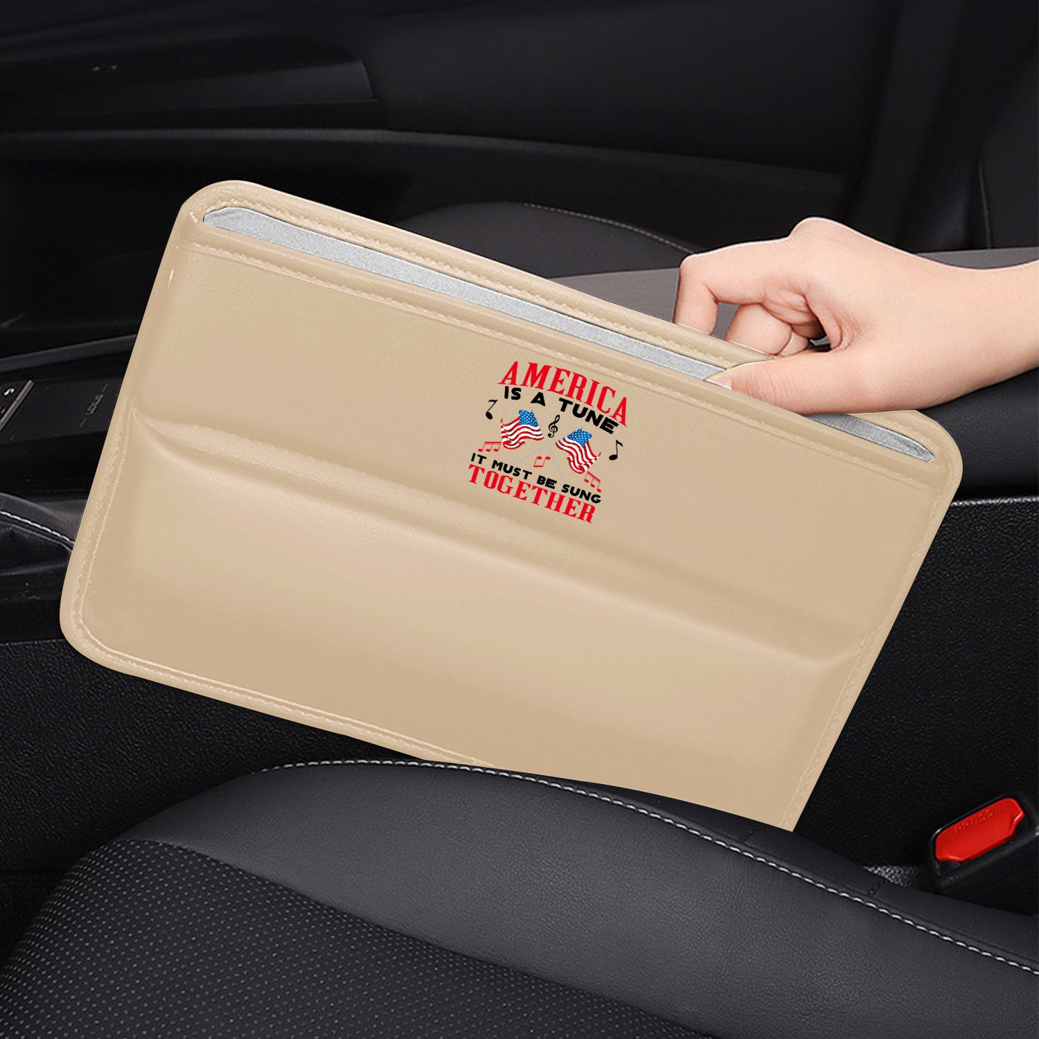 America Is A Tune Car Seat Gap Filler Organizer, Custom-Fit For Car, Multifunctional PU Leather Console Side Pocket Organizer for Cellphones, Cards, Wallets, Key, 4th of July 08