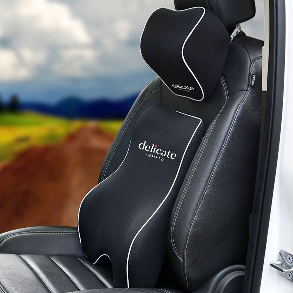 Delicate Leather Lumbar Support Cushion for Car and Headrest Neck Pillow Kit, Custom For Cars, Ergonomically Design for Car Seat, Car Accessories CC13983