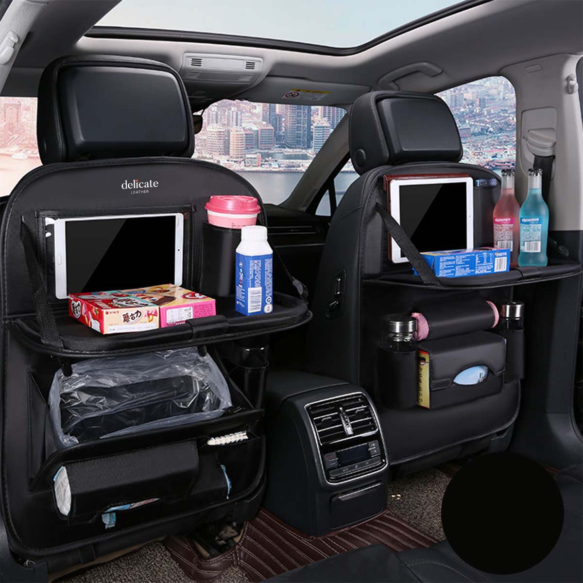 Backseat Organizer With Tablet Holder PU Leather, Custom Fit For Your Cars, Backseat Car Organizer, Car Seat Back Protectors Kick With Foldable Table Tray Car Seat Organizer, Car Accessories CA15987