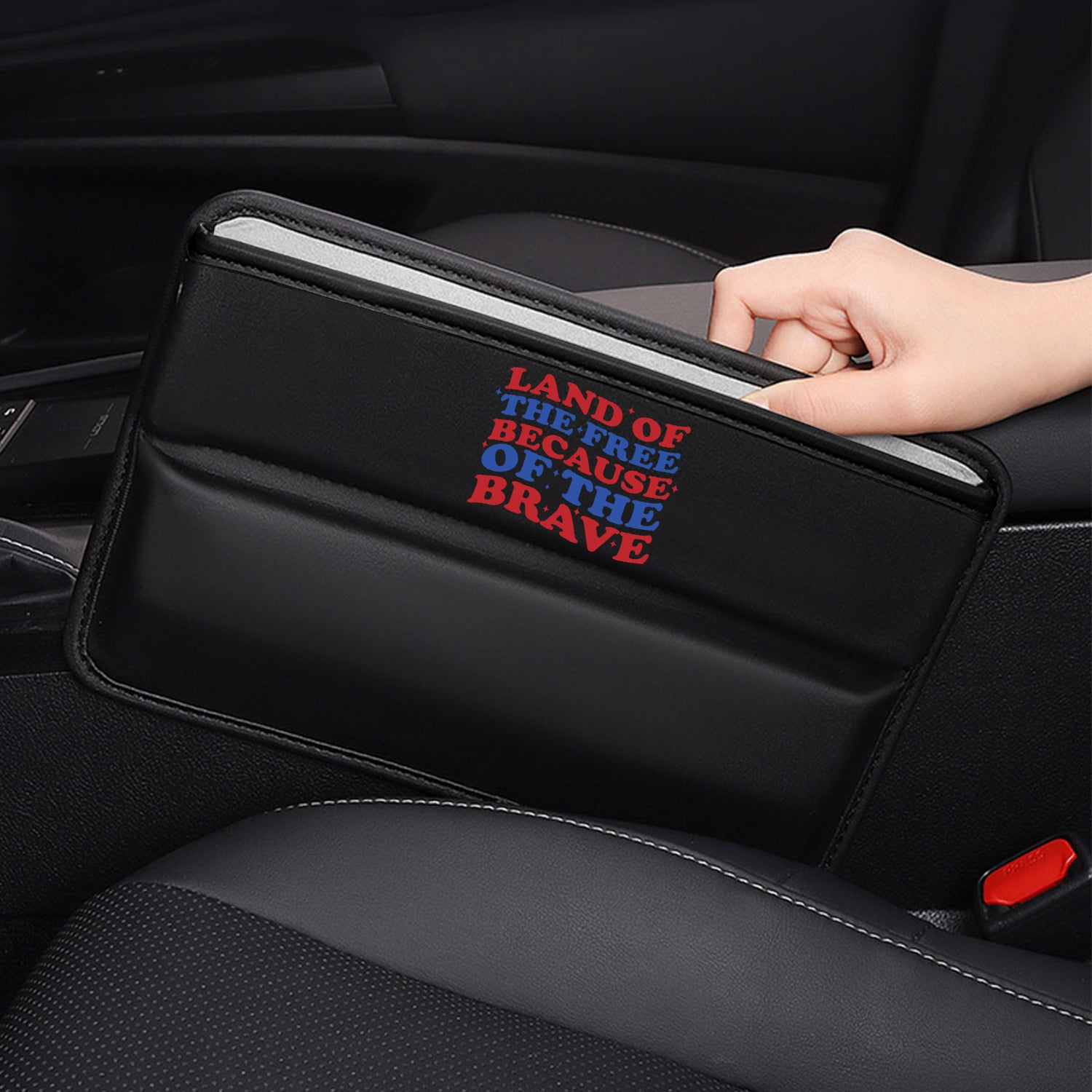 Land Of The Free, Because Of Brave Car Seat Gap Filler Organizer, Custom For All Cars, Multifunctional Pu Leather Console Side Pocket Organizer For Cellphones, Cards, Wallets, Keys, Retro 4th of July 02