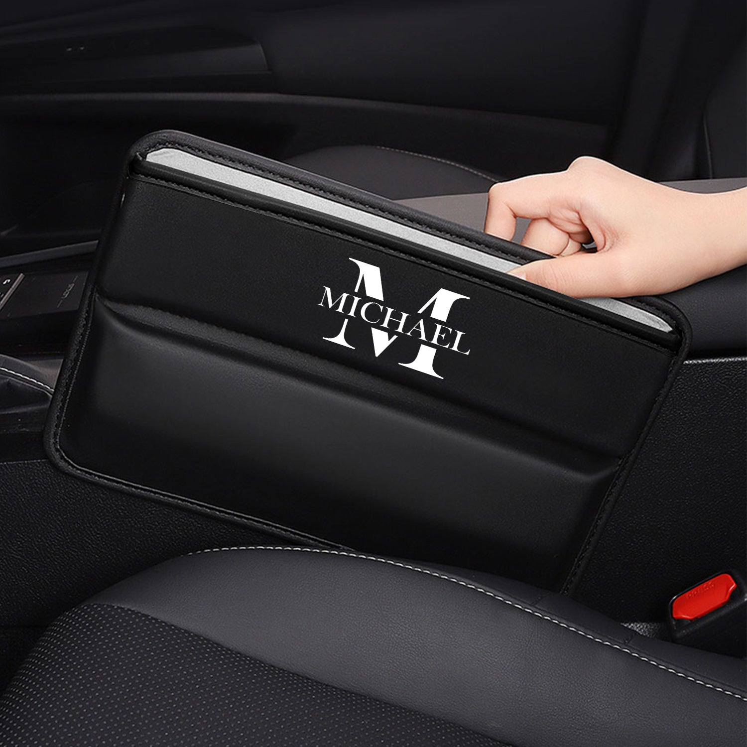 Personalized Name Sign Car Seat Gap Filler Organizer, Custom-Fit For Car, Multifunctional PU Leather Console Side Pocket Organizer for Cellphones, Cards, Wallets, Keys 12