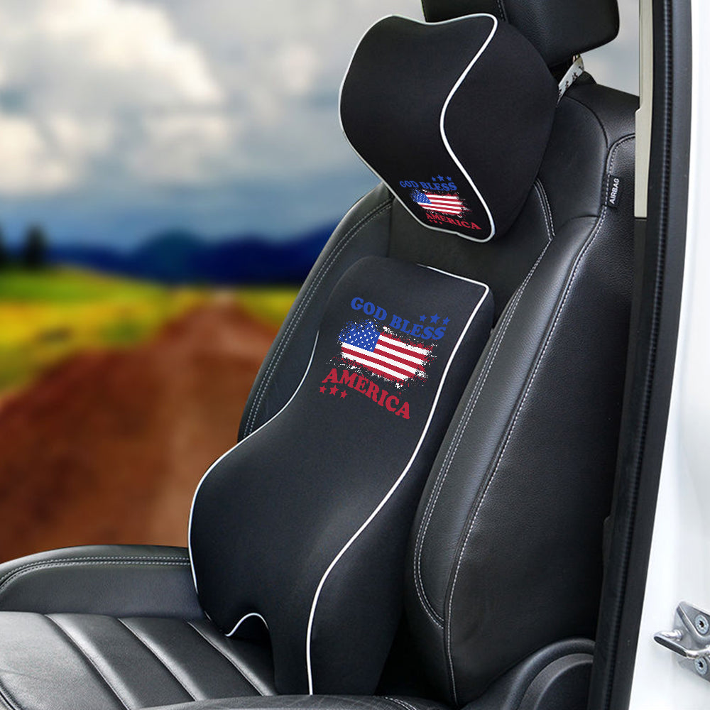 God Bless America Lumbar Support Cushion for Car and Headrest Neck Pillow Kit, Custom For Cars, Ergonomically Design for Car Seat, Car Accessories, 4th of July 09