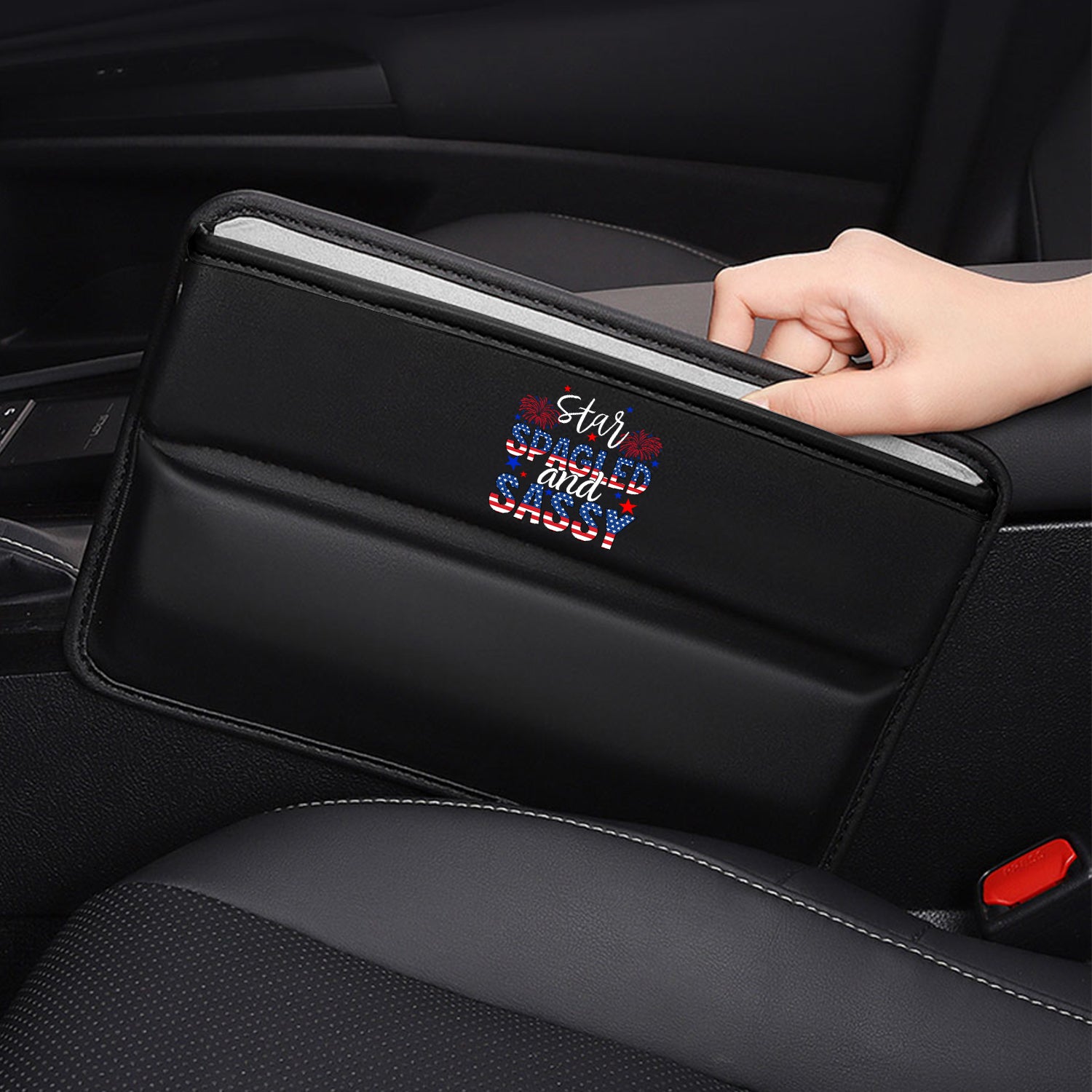 Star Spangled And Sassy Car Seat Gap Filler Organizer, Custom-Fit For Car, Multifunctional PU Leather Console Side Pocket Organizer for Cellphones, Cards, Wallets, Keys, Retro 4th of July 06