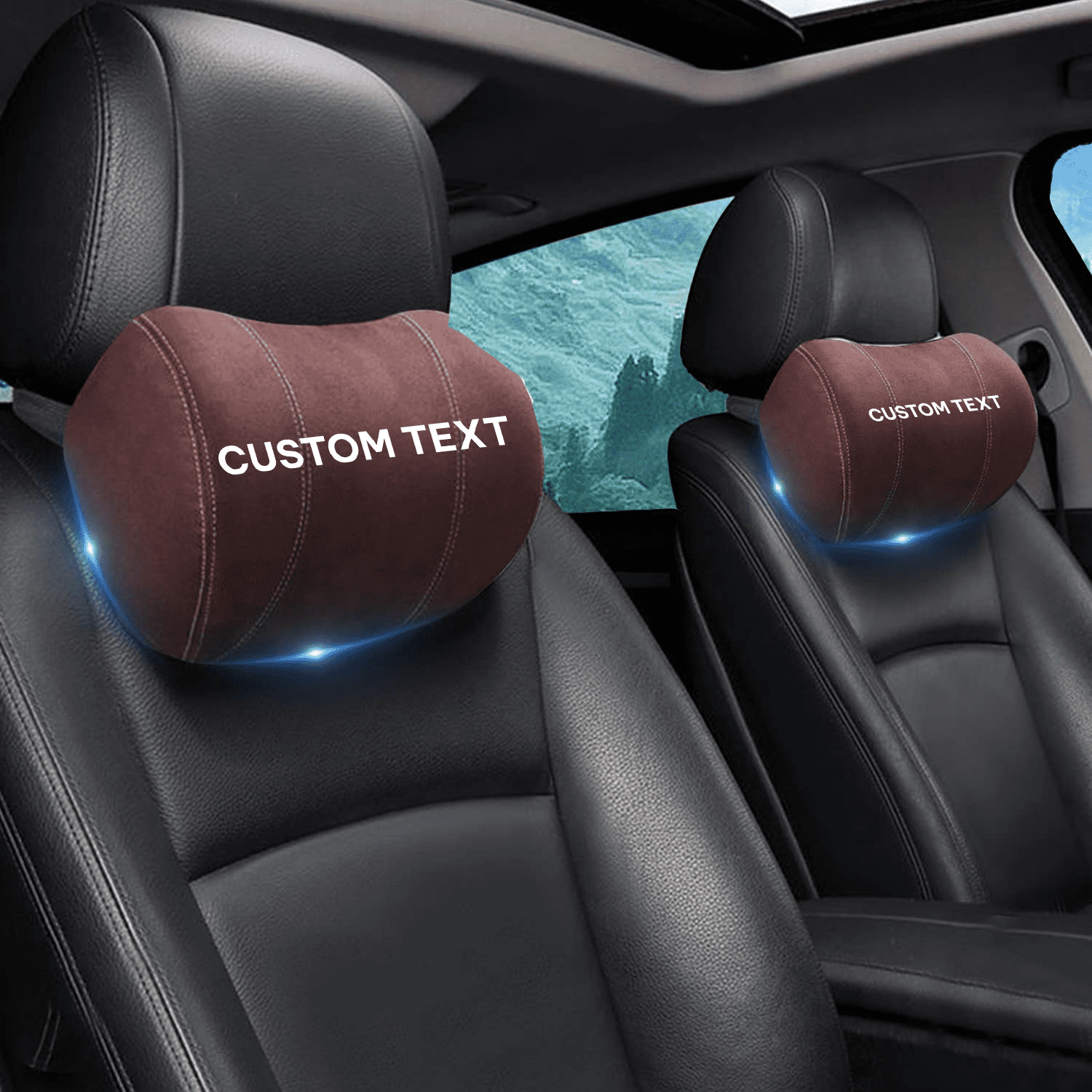 Custom Text and Logo Car Headrest (2 PCS), Compatible with all car, Update Version Premium Memory Foam Car Neck Pillow - Delicate Leather