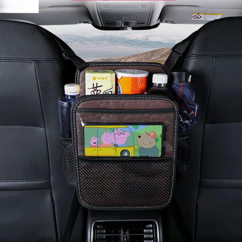 Car Leather Multi-Pocket Handbag Holder - Seat Storage Between Seat Organizer, Kid and Pet Barrier