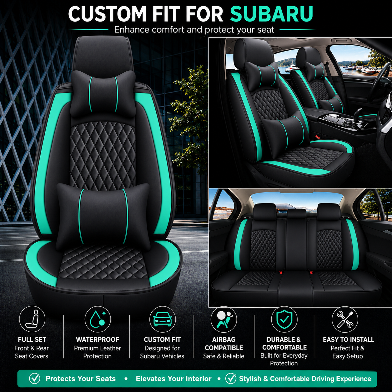 Custom Fit for Subaru Full Set Car Seat Covers – Waterproof Leather Front & Rear Seat Protection Cushions, Durable Automotive Interior Covers, Airbag Compatible Seat Protectors, Car Accessories
