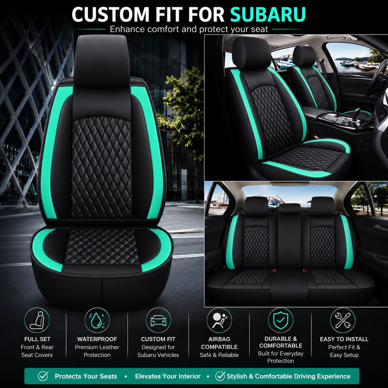 Custom Fit for Subaru Full Set Car Seat Covers – Waterproof Leather Front & Rear Seat Protection Cushions, Durable Automotive Interior Covers, Airbag Compatible Seat Protectors, Car Accessories