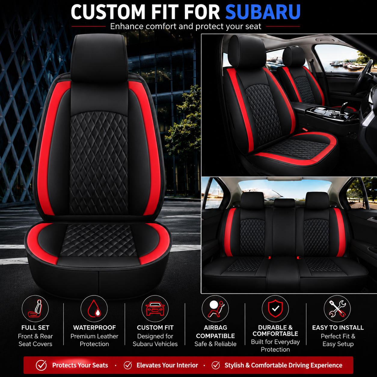 Custom Fit for Subaru Full Set Car Seat Covers – Waterproof Leather Front & Rear Seat Protection Cushions, Durable Automotive Interior Covers, Airbag Compatible Seat Protectors, Car Accessories