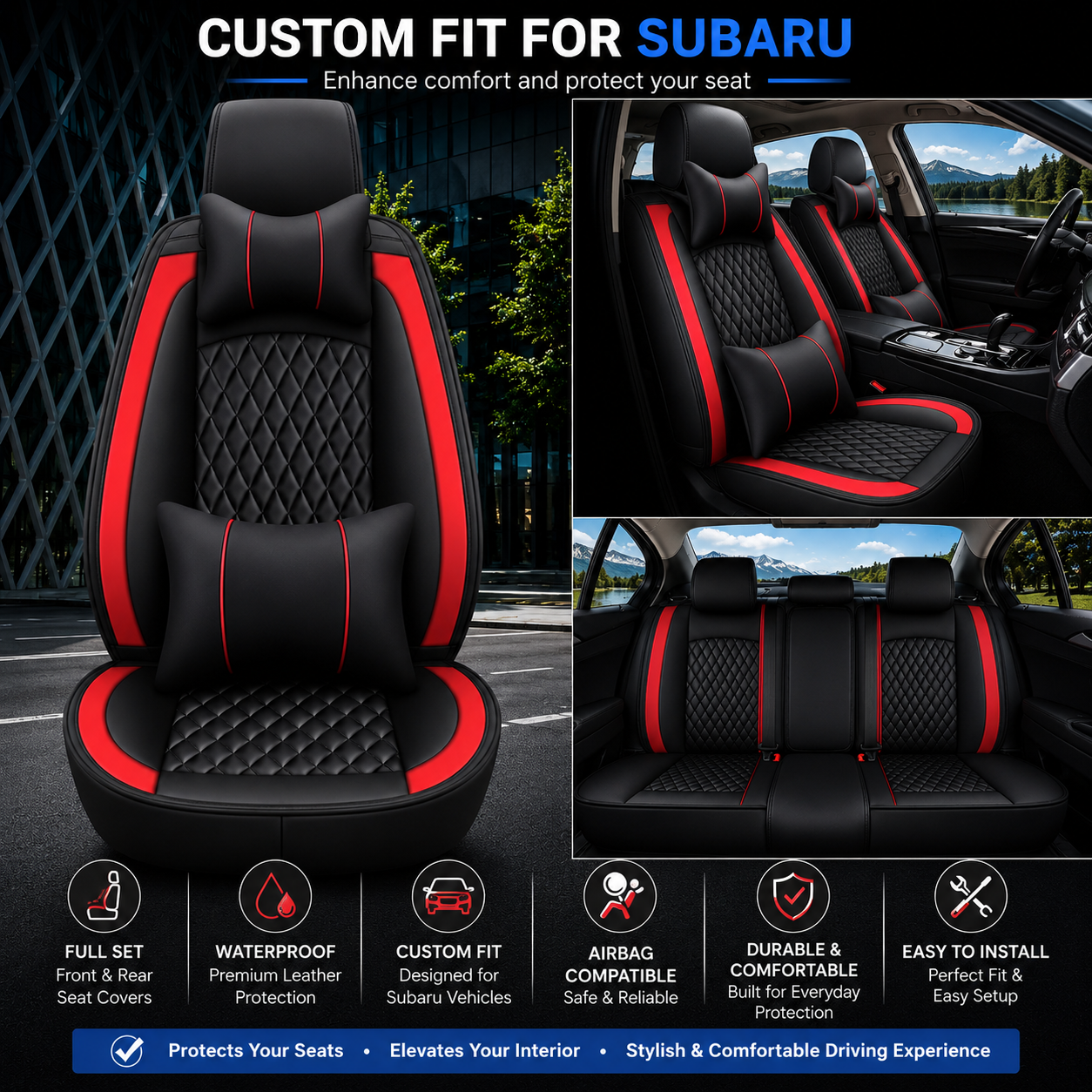 Custom Fit for Subaru Full Set Car Seat Covers – Waterproof Leather Front & Rear Seat Protection Cushions, Durable Automotive Interior Covers, Airbag Compatible Seat Protectors, Car Accessories