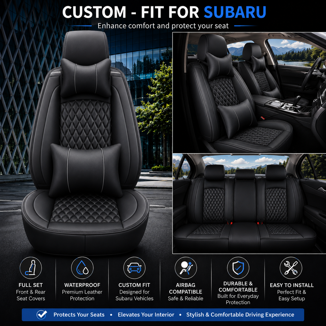 Custom Fit for Subaru Full Set Car Seat Covers – Waterproof Leather Front & Rear Seat Protection Cushions, Durable Automotive Interior Covers, Airbag Compatible Seat Protectors, Car Accessories