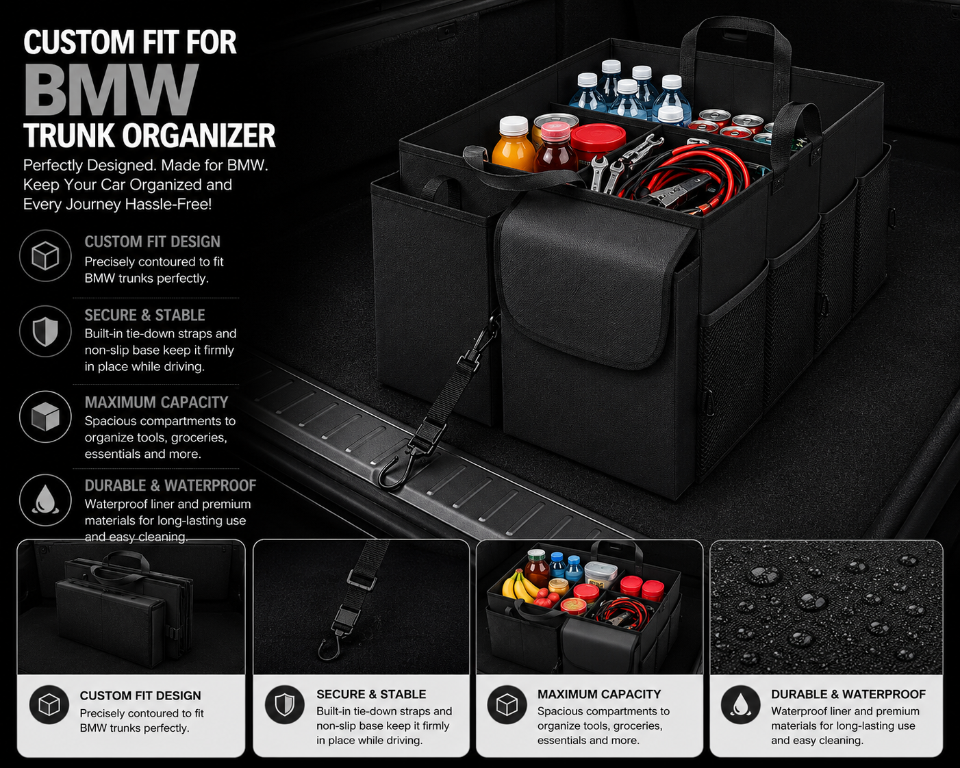 Custom Fit for BMW Car Trunk Organizer – Collapsible Multi-Compartment SUV Storage Organizer with Adjustable Straps, Heavy-Duty Cargo Storage Box for BMW Accessories - Delicate Leather  
