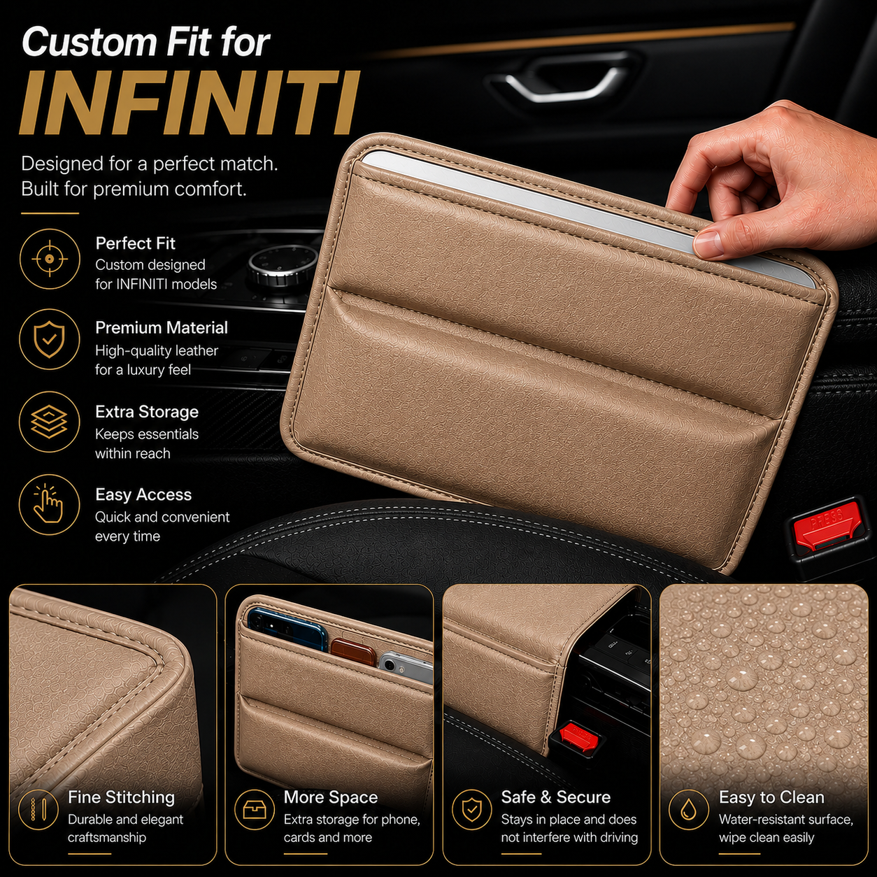 Custom Fit for INFINITI Car Seat Gap Filler Organizer – PU Leather Console Side Pocket Storage Organizer for Phone, Wallet, Keys, Cards & Small Essentials - Delicate Leather  
