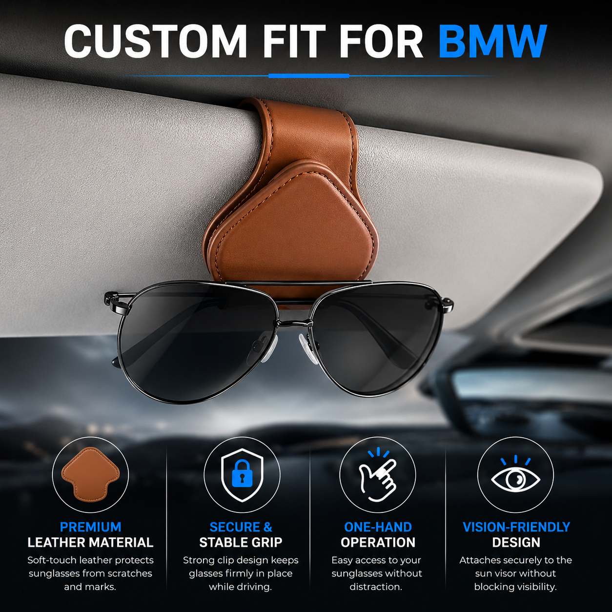 Custom Fit for BMW Sunglasses Holder – Magnetic Leather Car Visor Glasses Clip, Secure Eyewear Storage Organizer, Premium Car Interior Accessory - Delicate Leather  