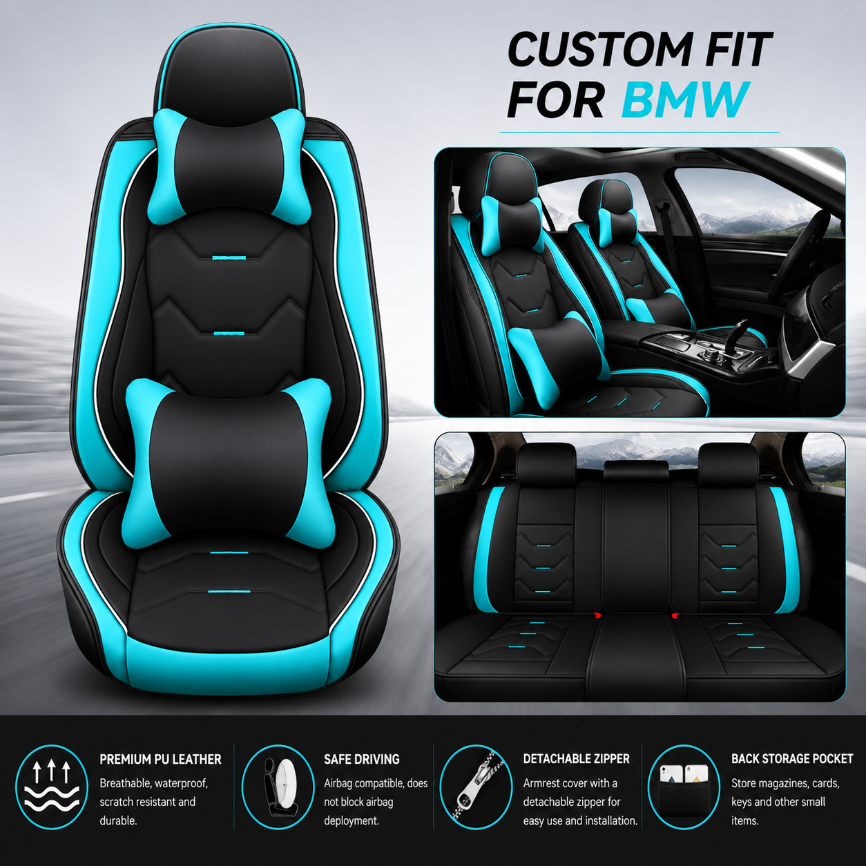 Custom Fit for BMW 5-Seat Leather Car Seat Covers Full Set, Premium Leatherette Seat Protectors for Sedan, SUV, Truck & Van, Front & Rear Cushion Covers - Delicate Leather  