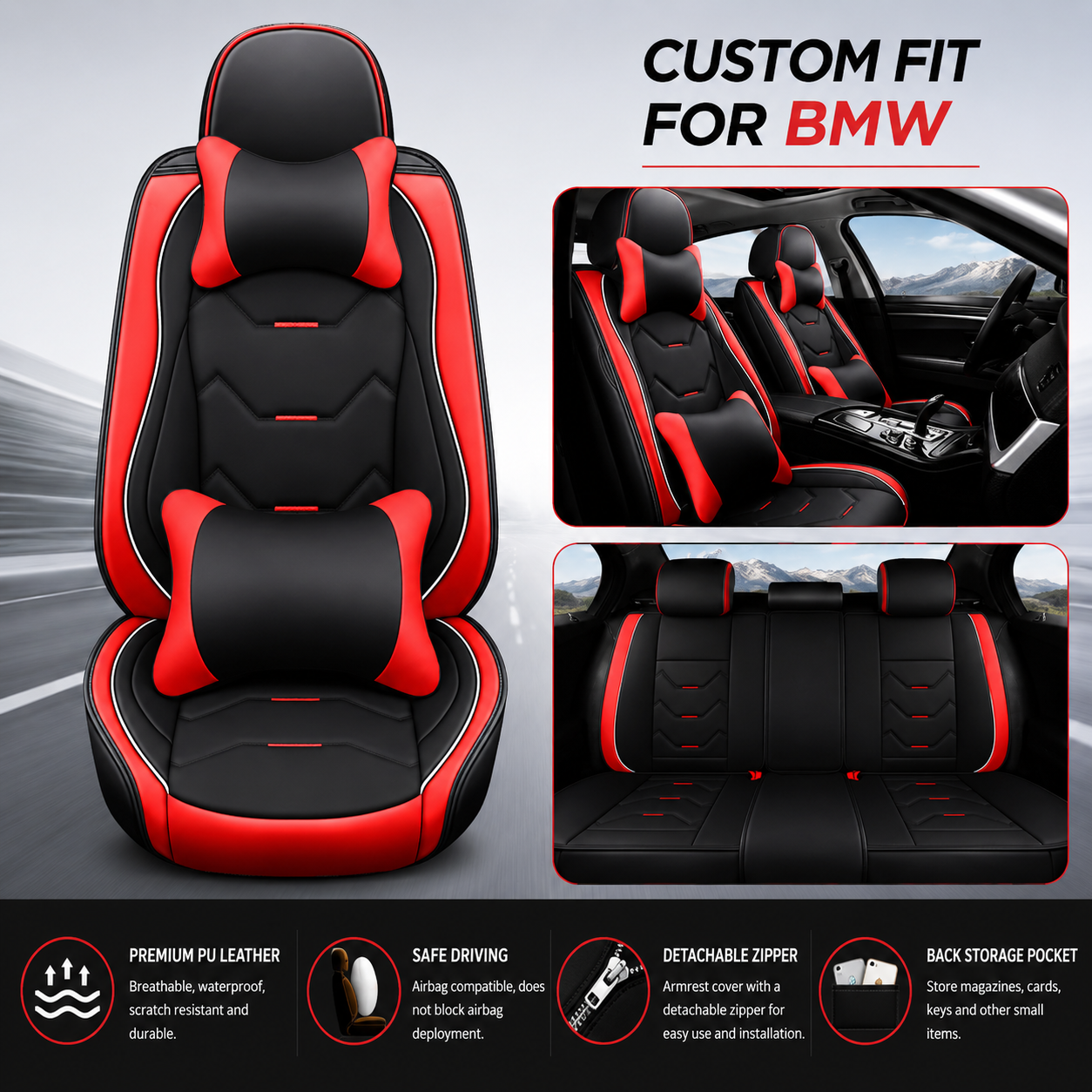 Custom Fit for BMW 5-Seat Leather Car Seat Covers Full Set, Premium Leatherette Seat Protectors for Sedan, SUV, Truck & Van, Front & Rear Cushion Covers - Delicate Leather  